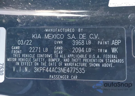 2022 Kia Forte Gt из США, поврежденный, VIN 3KPF44AC3NE477535